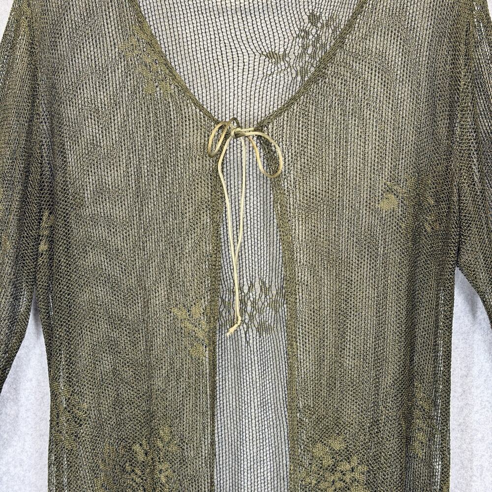 Boho Olive Green Open Knit Fringe Kimono Cardigan Cover Up Duster Crochet Top - Picture 3 of 9
